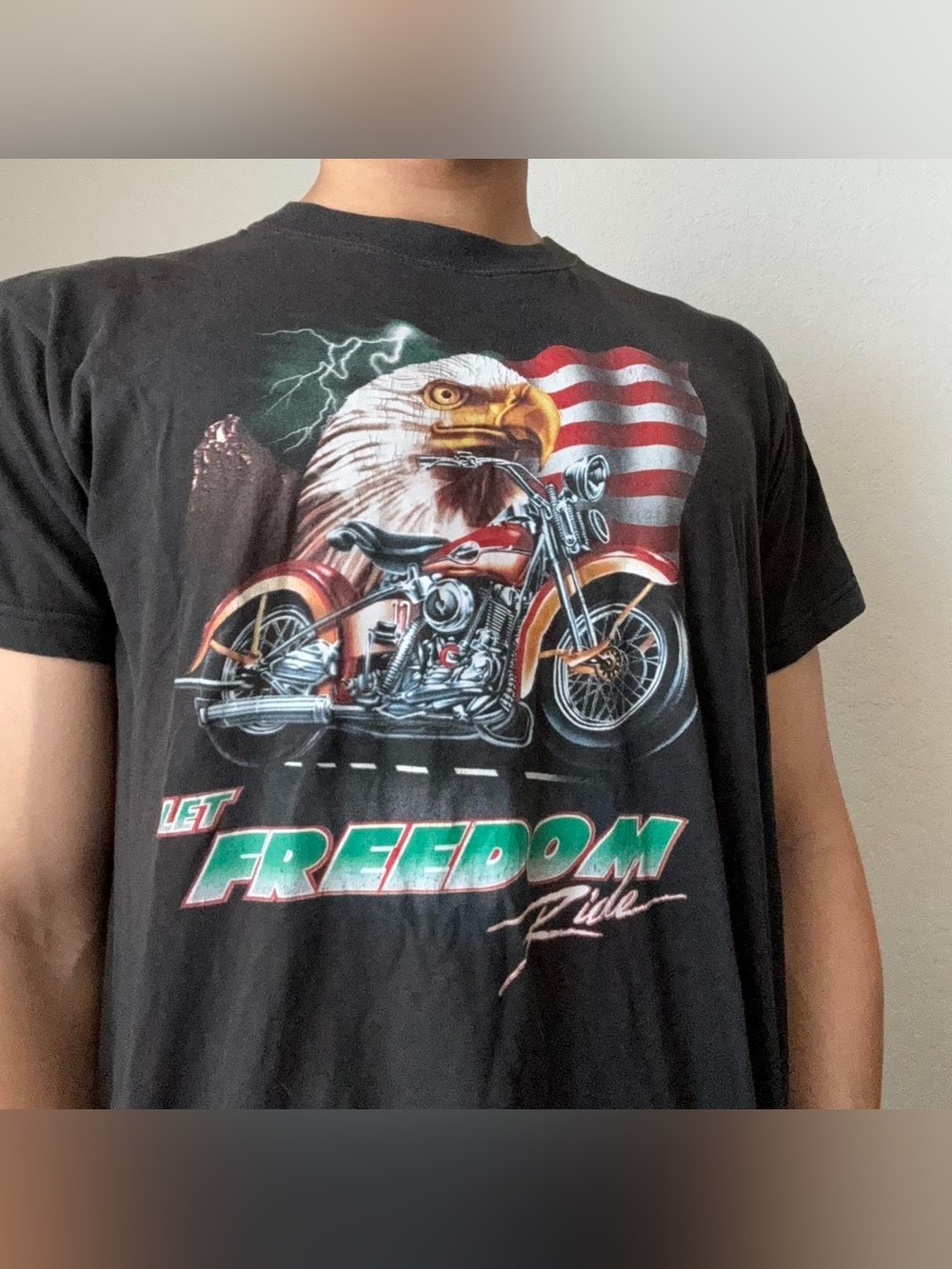 Vintage 2000s Let Freedom Ride AOP Graphics Black Tee Shirt Y2K